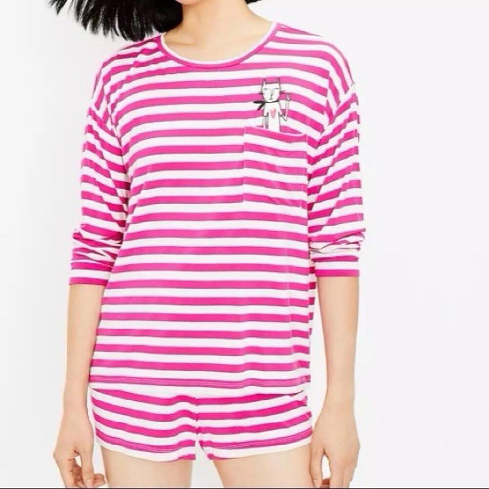 Loft sleep shirt womens large L pink white striped crazy cat lady long sleeve